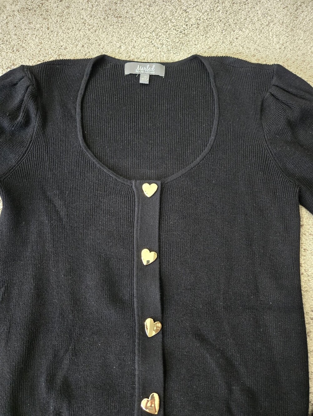 Marled Reunited Clothing Black Knit Sweater Gold Heart Buttons Size XS